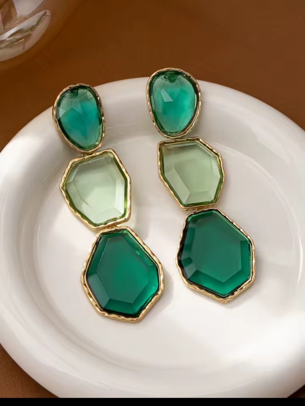 Green Gradient Triple-Drop Earrings with Gold Trim